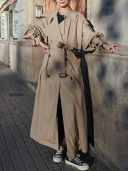 Long Sleeves Loose Buckle Buttoned Split-Back Tied Waist Lapel Outerwear Trench Coats