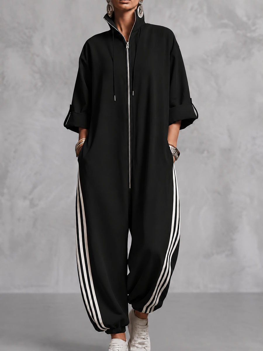 Zipper Striped Pockets Elasticity Drawstring Contrast Color Buttoned Wide Leg Three-quarter Sleeves Stand Collar Jumpsuits
