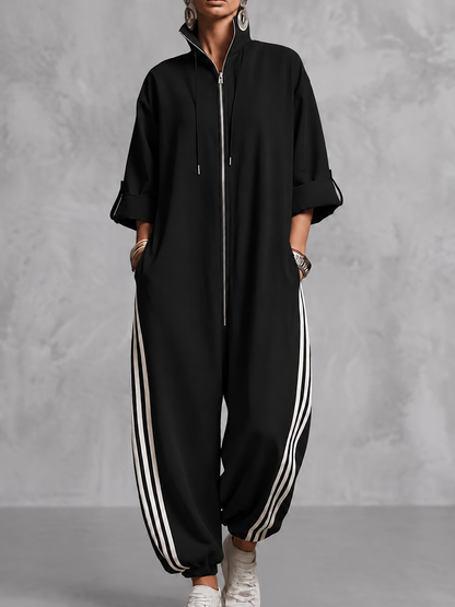Zipper Striped Pockets Elasticity Drawstring Contrast Color Buttoned Wide Leg Three-quarter Sleeves Stand Collar Jumpsuits