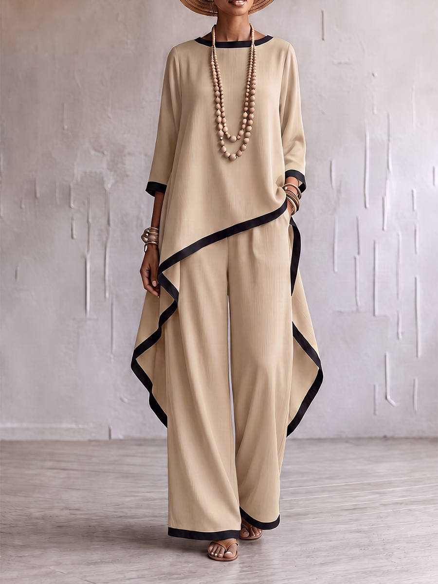 Loose Contrast Color Split-Joint Round-neck High-low Asymmetric Blouses&shirts Tops + Pockets Pants Trousers Two Pieces Set