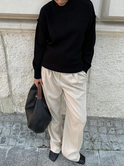 Long Sleeves Loose Solid Color Split-Joint High Neck Pullovers Sweater Tops