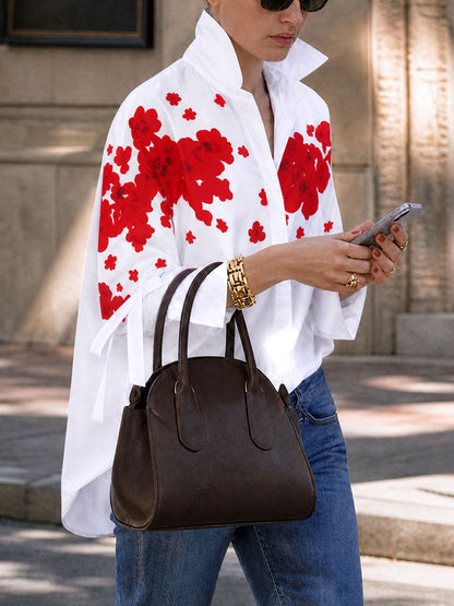 Tied Split-Joint Flower Print Buttoned Loose Long Sleeves V-neck Blouses&shirts Tops