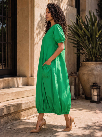 Split-Joint Solid Color Pockets Elastics Short Sleeves Bloomers Round-neck Maxi Dresses