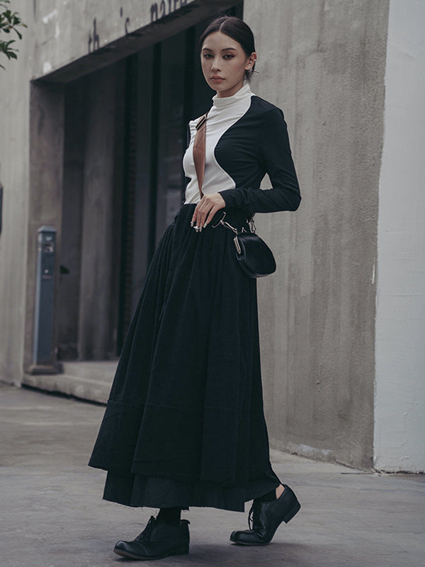 T-shirts urbains skinny à manches longues et col montant asymétriques contrastés 