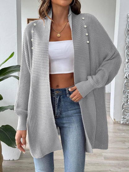 Solid Color Ribbed Loose Long Sleeves Stand Collar Cardigan Tops
