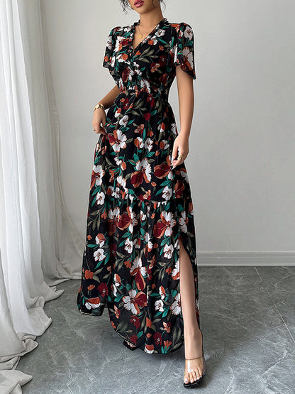 A-Line Loose Contrast Color Elasticity Flower Print Pleated V-Neck Maxi Dresses