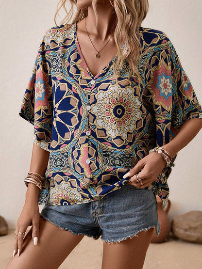 Batwing Sleeves Loose Buttoned Flower Print V-Neck Blouses&Shirts Tops