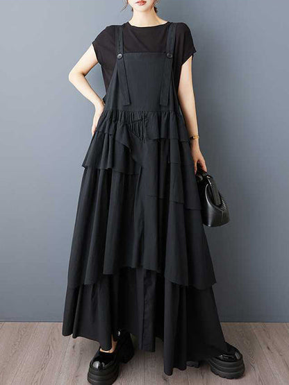 A-Line Loose Asymmetric Buttoned Pleated Spaghetti-Neck Maxi Dresses Suspender Dress