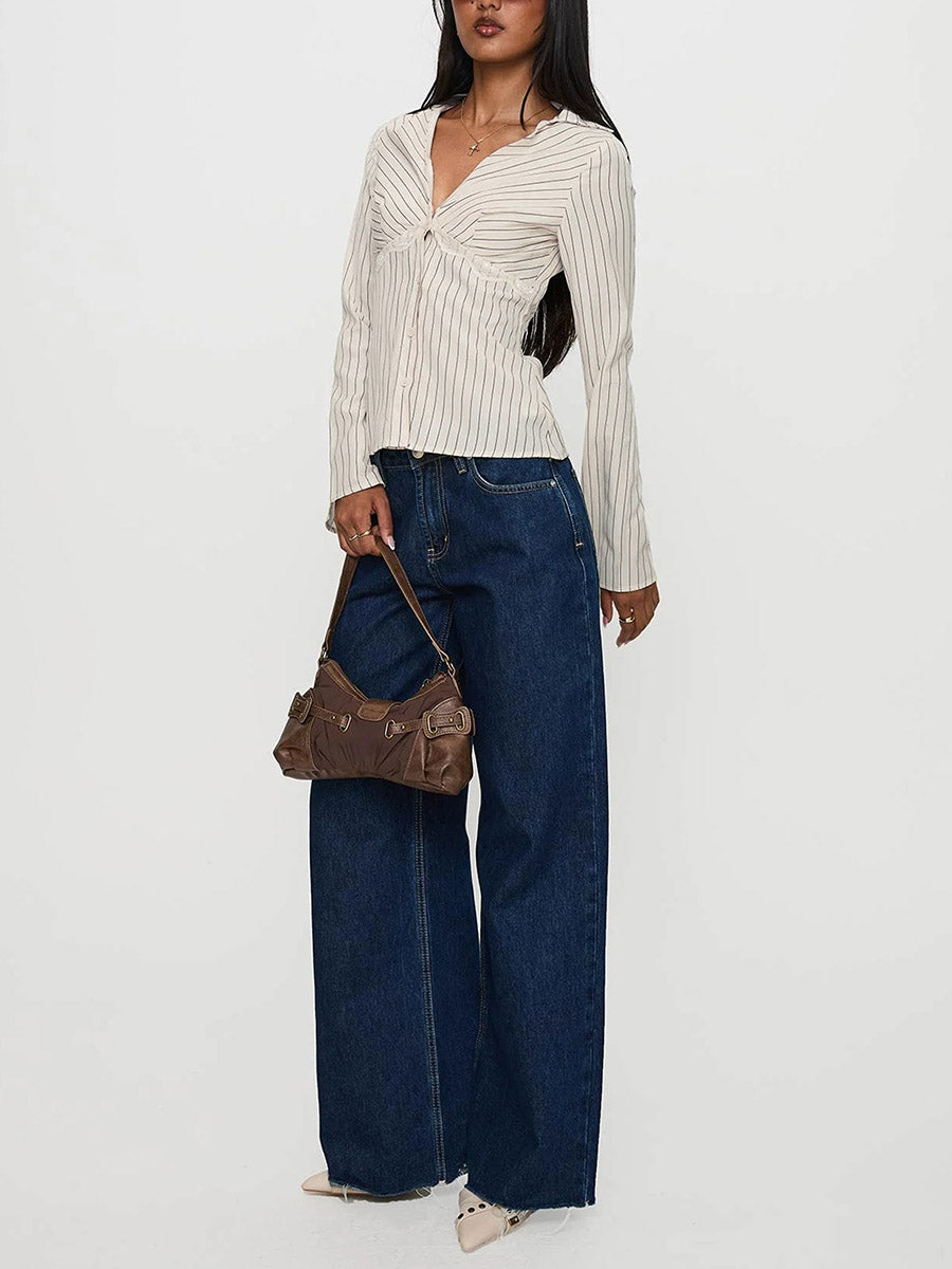 Flared Sleeves Long Sleeves Buttoned Solid Color Split-Joint Striped V-Neck Blouses&Shirts Tops