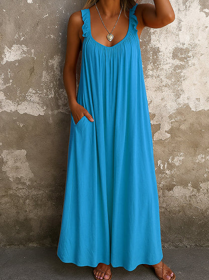 A-Line Loose Pleated Ruffled Split-Joint U-Neck Maxi Dresses