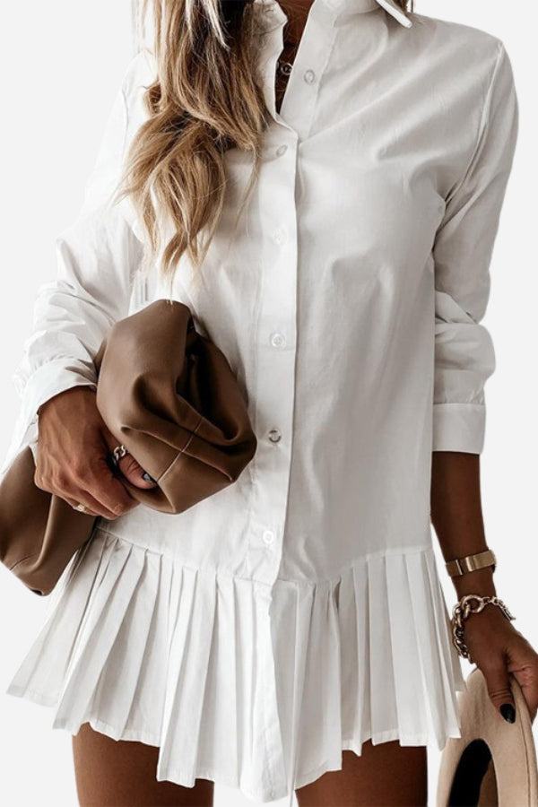 Clara | Women's White Pleated Hem Button-Down Shirt Dress
