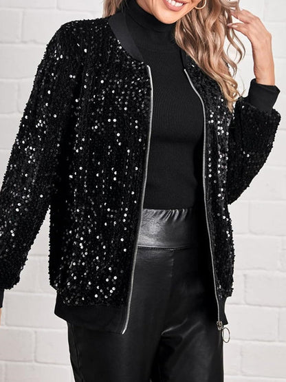 Long Sleeves Loose Sequined Solid Color Split-Joint Round-Neck Jackets Outerwear