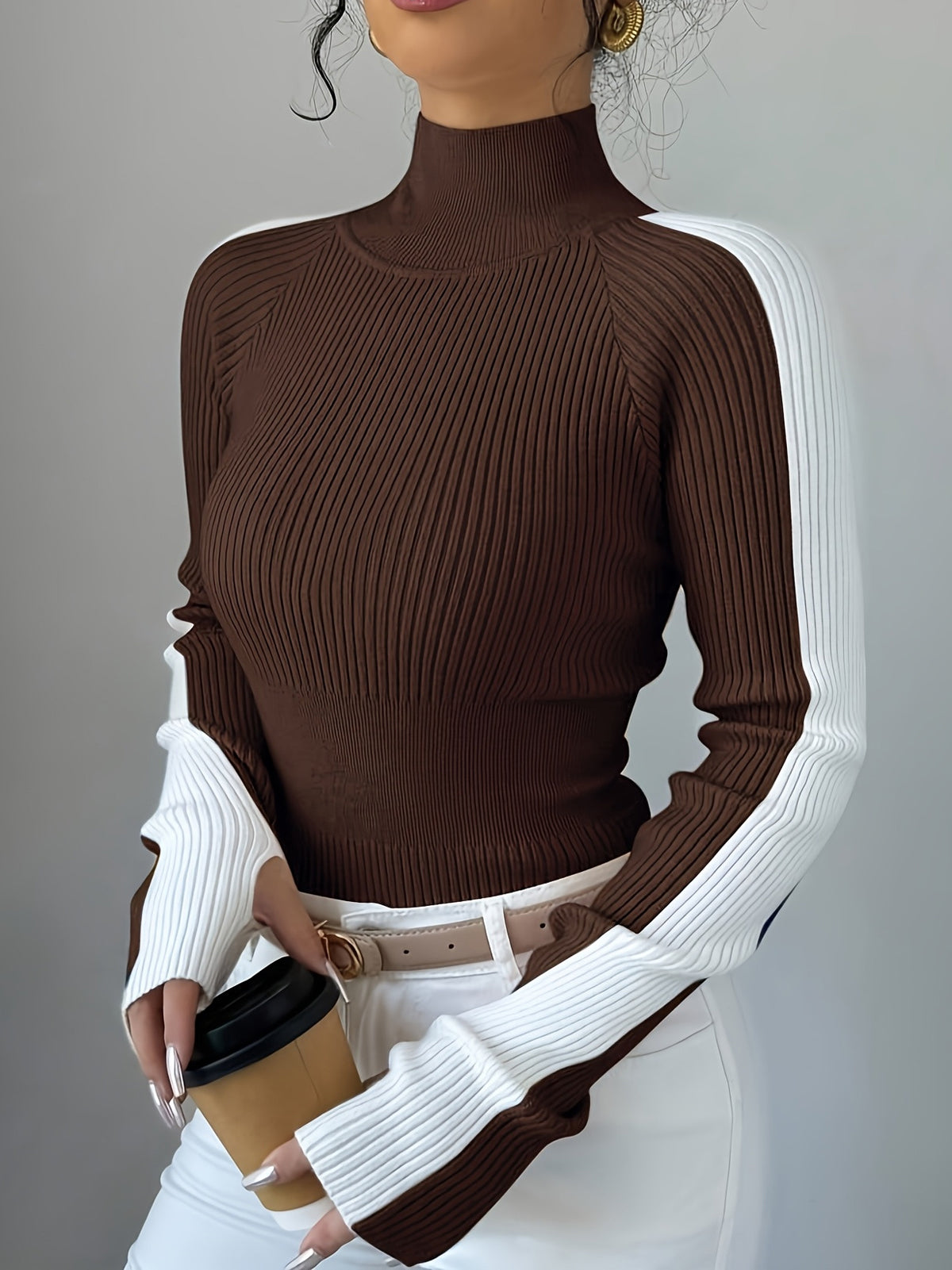 Contrast Color Skinny Long Sleeves High-neck Sweater Tops Pullovers