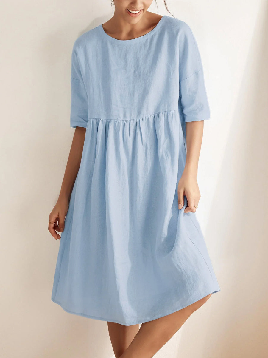Half Sleeves Loose Pleated Pockets Solid Color Round-Neck Midi Dresses