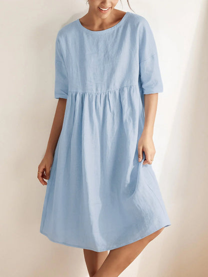 Half Sleeves Loose Pleated Pockets Solid Color Round-Neck Midi Dresses