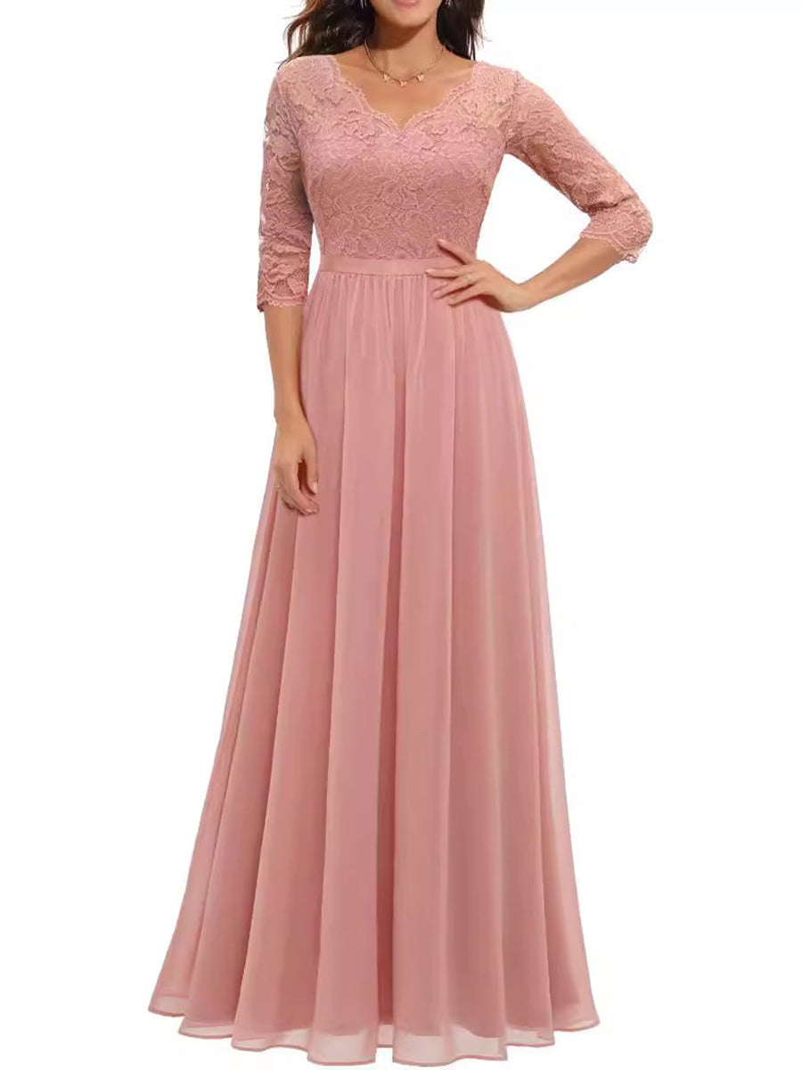 A-Line High Waisted Pleated See-Through Solid Color Split-Joint V-Neck Maxi Dresses
