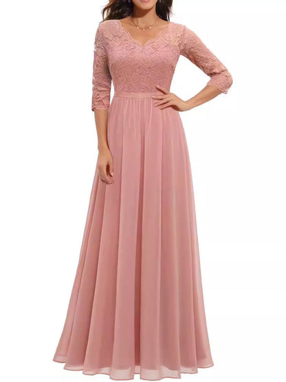 A-Line High Waisted Pleated See-Through Solid Color Split-Joint V-Neck Maxi Dresses