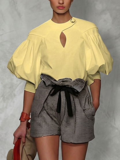 Half Sleeves Puff Sleeves Buttoned Hollow Solid Color Split-Joint Round-Neck Blouses&Shirts Tops
