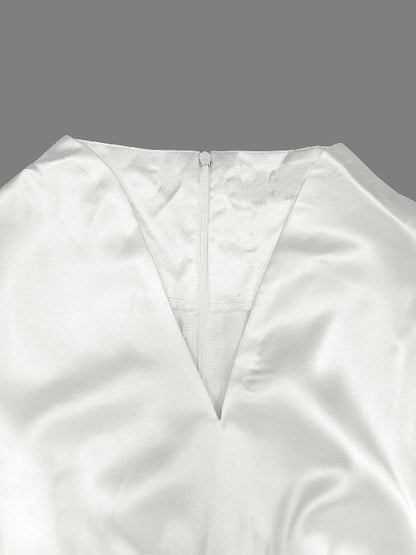 High Waisted Puff Sleeves Falbala Solid Color V-Neck Maxi Dresses