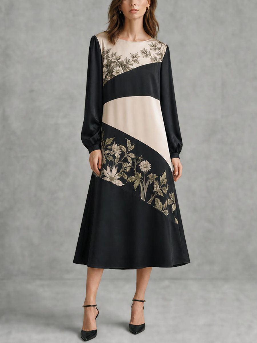 Split-Joint Ruched Flower Print Contrast Color Long Sleeves High Waisted Round-neck Midi Dresses