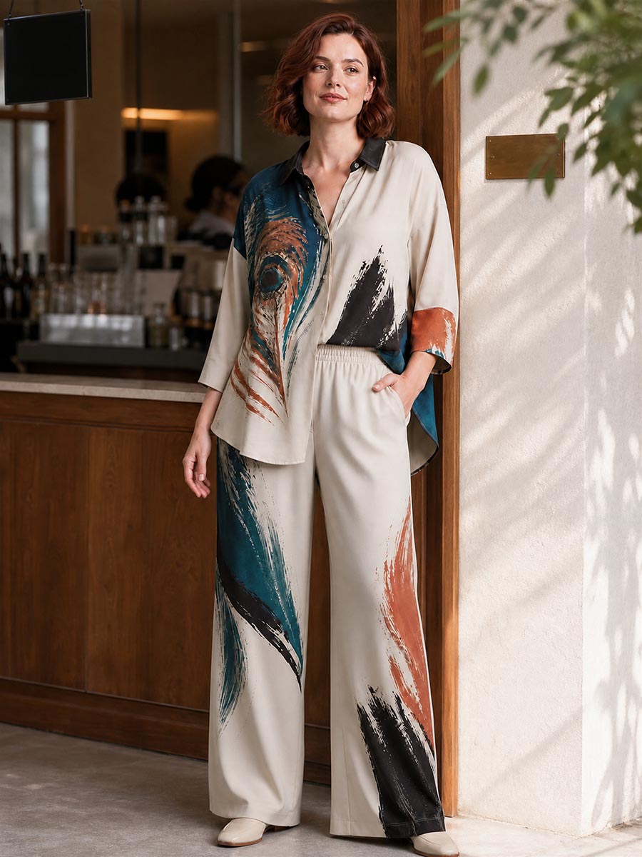 Contrast Color Buttoned Three-quarter Sleeves Loose Lapel Blouses&shirts Tops