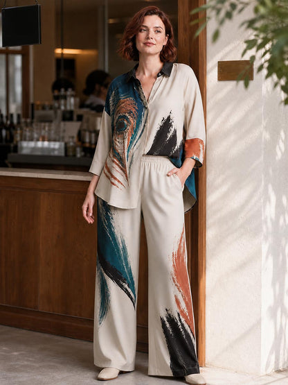Contrast Color Buttoned Three-quarter Sleeves Loose Lapel Blouses&shirts Tops