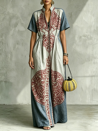 High Waisted Loose Elasticity Pockets Printed V-Neck Jumpsuits