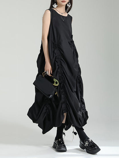 Robe mi-longue ample sans manches, asymétrique, élastique, plissée, couleur unie, col rond 