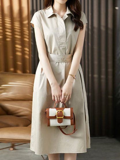 Plus Size Short Sleeves Bandage Solid Color Lapel Midi Dresses