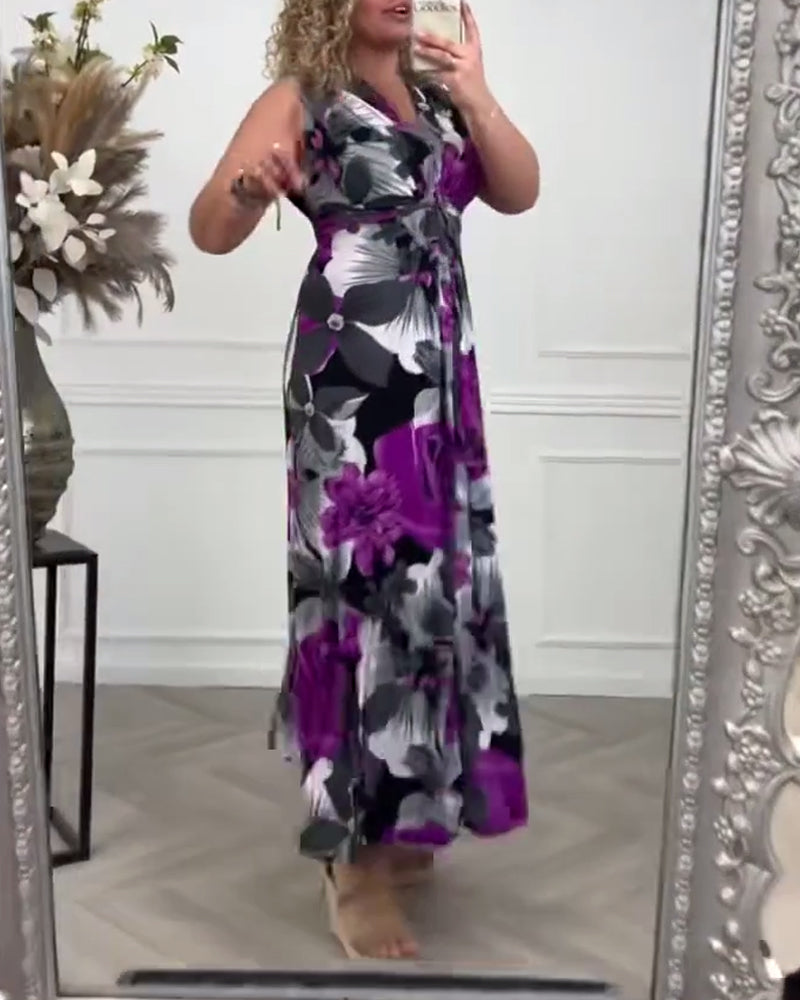 Viola | Women's Floral Maxi Dress Sleeveless Tie Front V-Neck
