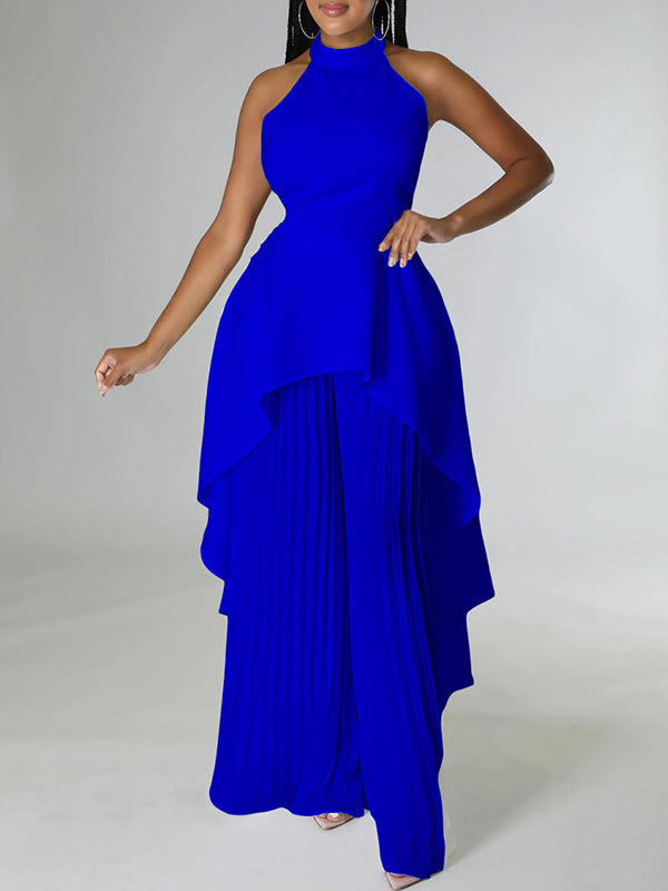 Ensemble deux pièces haut court et pantalon taille haute en dentelle à dos nu et col licou 