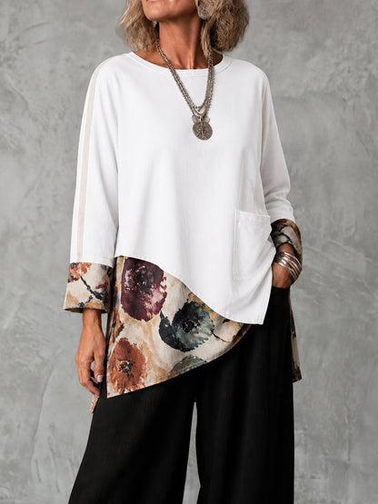 Split-side Split-Joint Printed Pockets Loose Long Sleeves Round-neck T-Shirts Tops