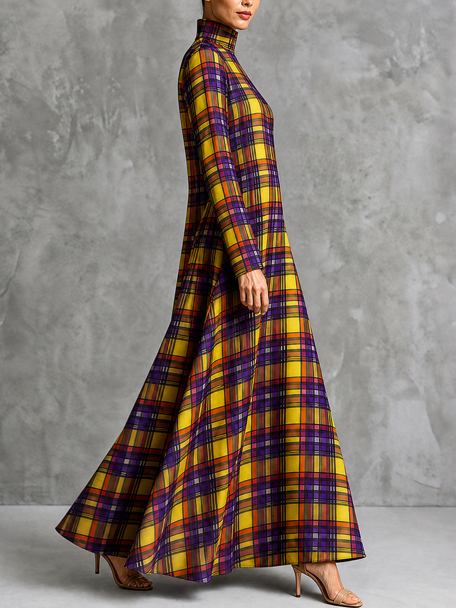 Zipper Pockets Plaid Contrast Color Big Hemline Long Sleeves A-line High-neck Maxi Dresses