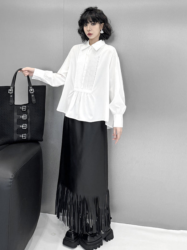 Long Sleeves Loose Buttoned Pleated Solid Color Polo Blouses&Shirts Tops