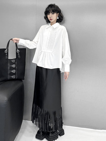 Long Sleeves Loose Buttoned Pleated Solid Color Polo Blouses&Shirts Tops