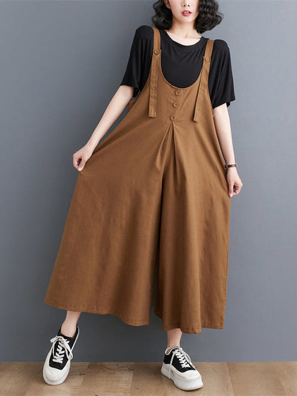 Ninth Pants Wide Leg Buttoned Solid Color Spaghetti-Neck Overalls