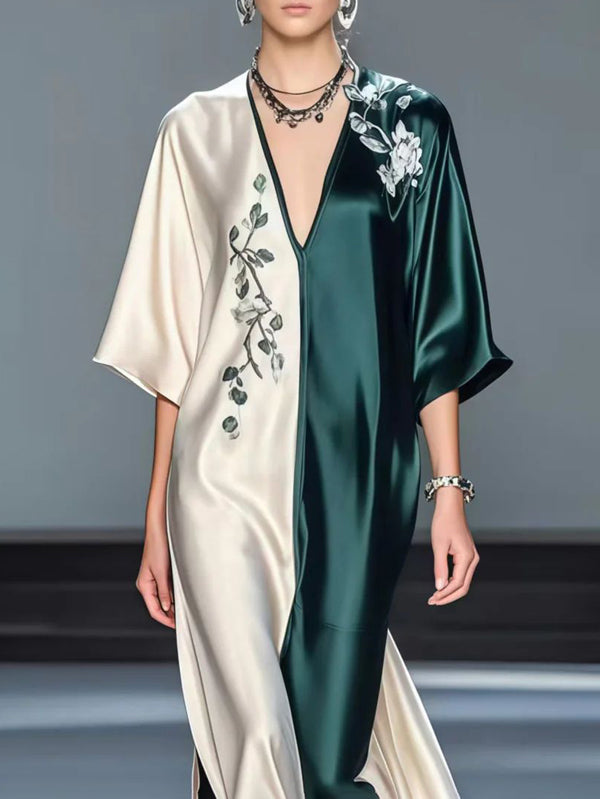 Half Sleeves Loose Contrast Color Flower Print V-Neck Maxi Dresses