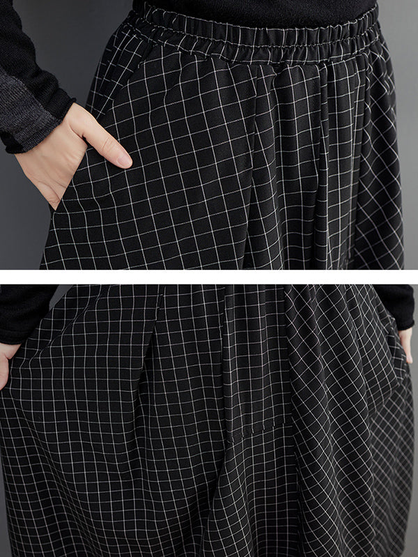 Loose Irregular Clipping Plaid Asymmetric Elasticity Skirts Bottoms