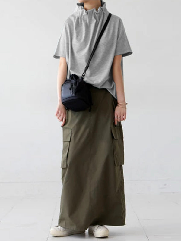 Loose Short Sleeves Solid Color Stand Collar T-Shirts Tops