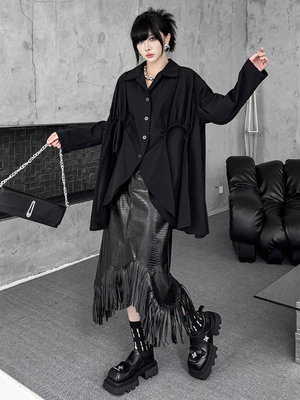 High-Low Irregularity Buttoned Pleated Solid Color Split-Joint Shirt Collar Blouses&Shirts Tops