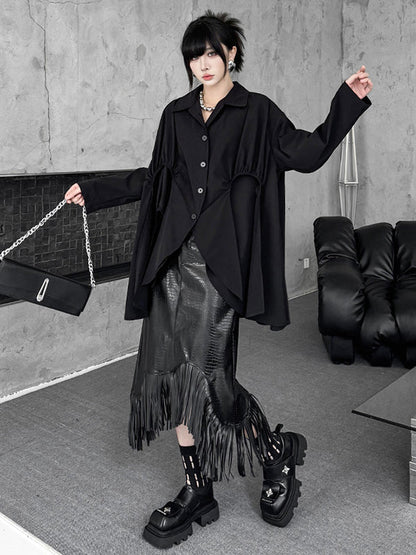 High-Low Irregularity Buttoned Pleated Solid Color Split-Joint Shirt Collar Blouses&Shirts Tops