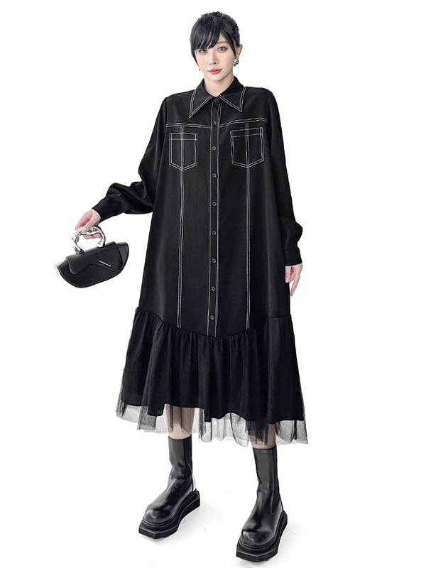 Irregularity Long Sleeves Asymmetric Buttoned Line Solid Color Split-Joint Lapel Midi Dresses Shirt Dress