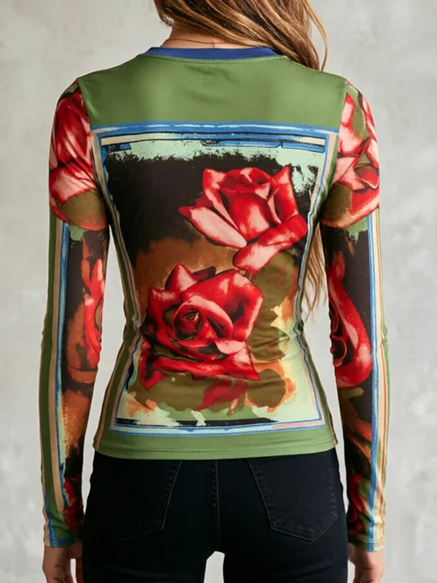 Flower Print Contrast Color Skinny Long Sleeves Round-neck T-Shirts Tops