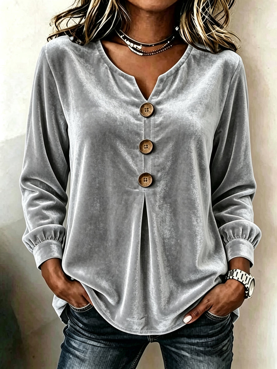 Velvet Solid Color Pleated Buttoned Loose Long Sleeves V-neck T-Shirts Tops