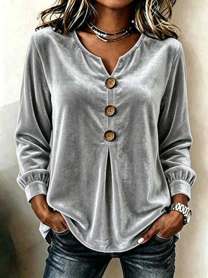 Velvet Solid Color Pleated Buttoned Loose Long Sleeves V-neck T-Shirts Tops