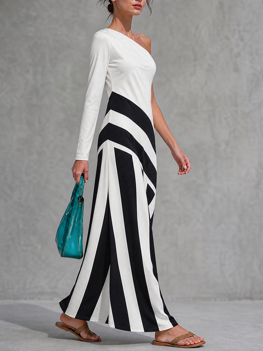 Striped Elasticity Contrast Color Asymmetric Loose Long Sleeves One-shoulder Maxi Dresses