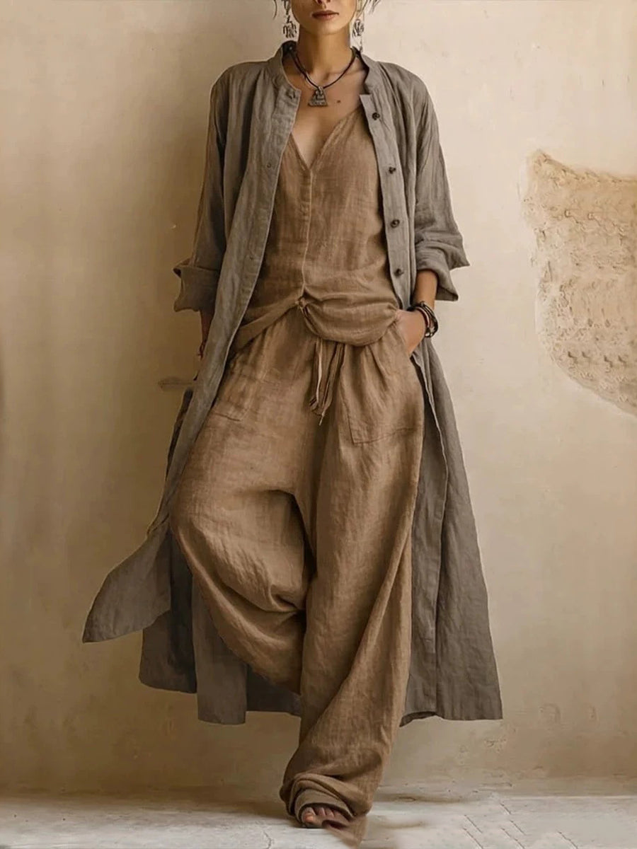 Long Sleeves Loose Buttoned Pockets Solid Color V-Neck Three Pieces Set