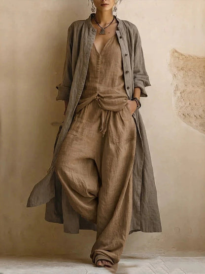 Long Sleeves Loose Buttoned Pockets Solid Color V-Neck Three Pieces Set