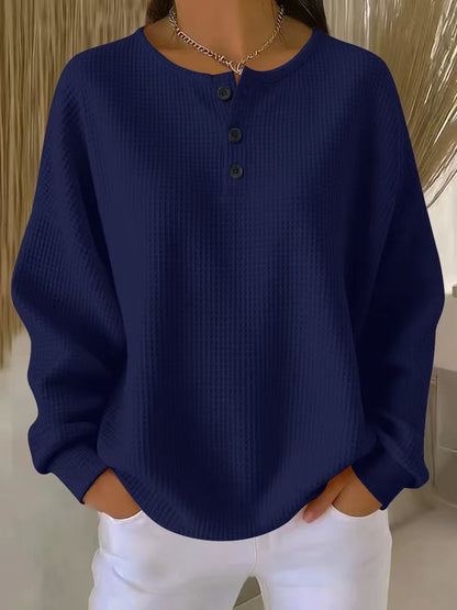 Solid Color Buttoned Plus Size Loose Round-neck Sweatshirt Tops