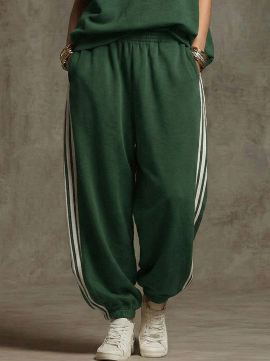 Ankle-Tied Loose Contrast Color Pleated Pockets Split-Joint Striped Pants Trousers